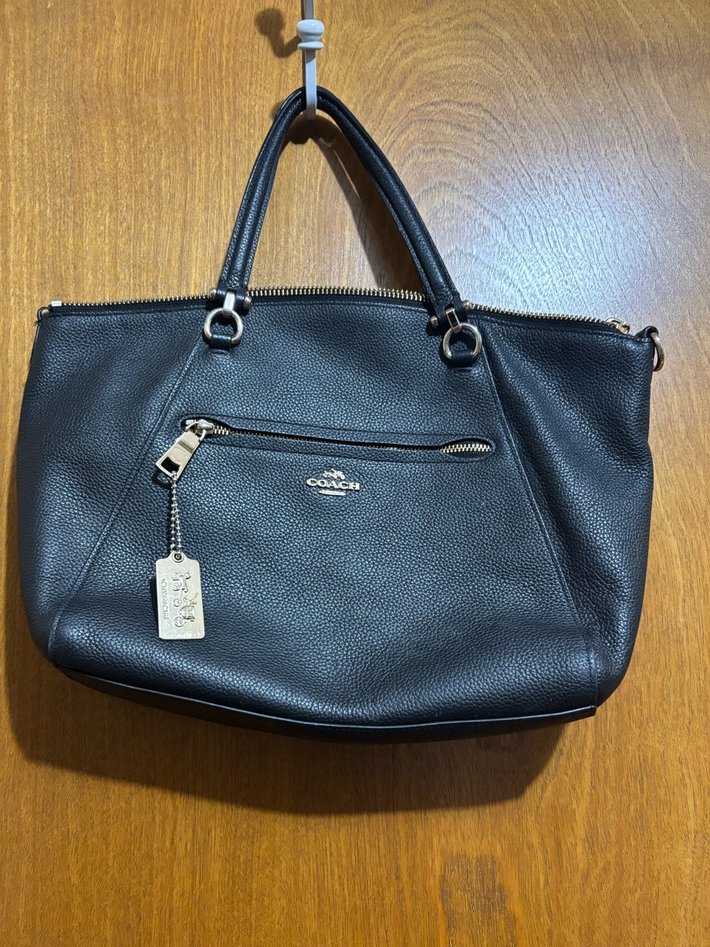 Coach Black Pebbled Leather Top-Handle Tote with Front Zip